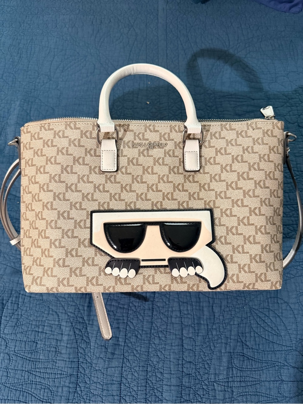 Karl Lagerfeld Beige Monogram Satchel with Playful Face Accent